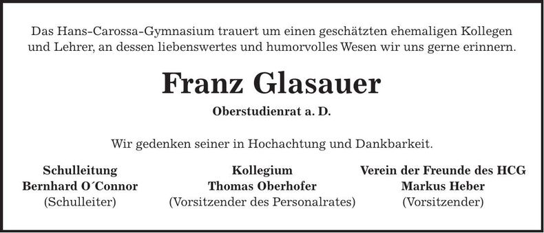 Traueranzeige Franz Glasauer