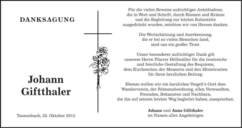 Traueranzeige Johann Giftthaler