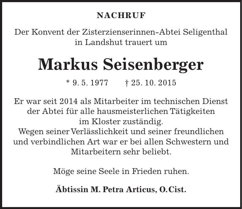 Traueranzeige Markus Seisenberger