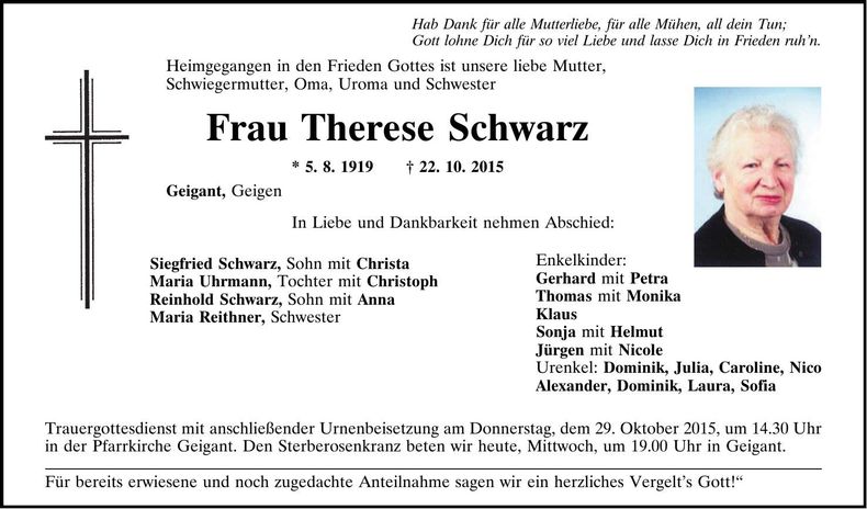 Traueranzeige Therese Schwarz