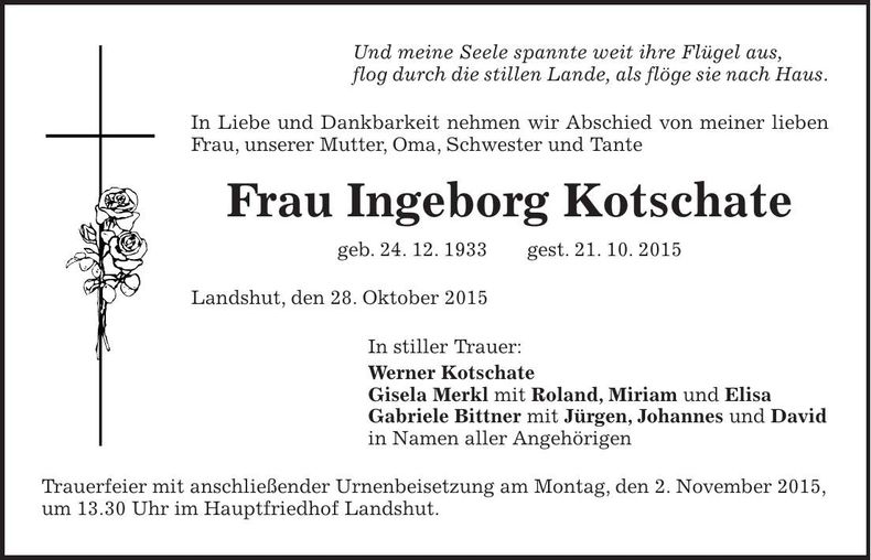 Traueranzeige Ingeborg Kotschate