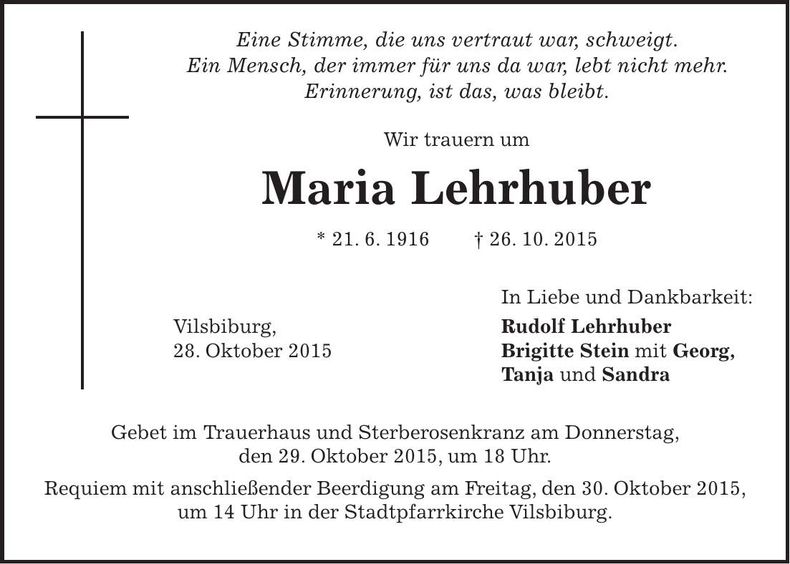 Traueranzeige Maria Lehrhuber
