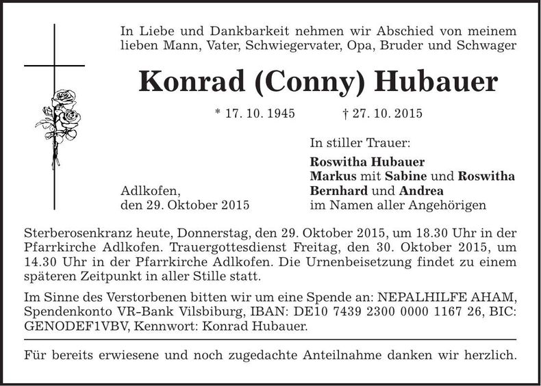 Traueranzeige Konrad Hubauer