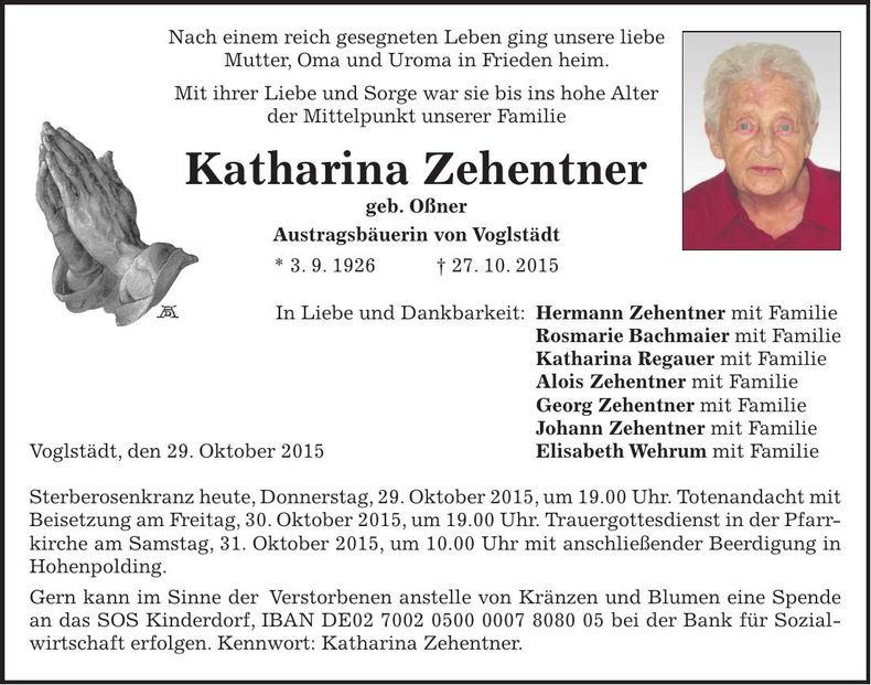 Traueranzeige Katharina Zehentner