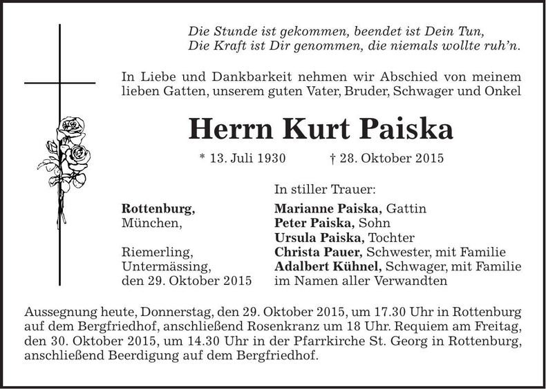 Traueranzeige Kurt Paiska