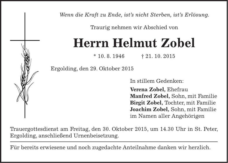 Traueranzeige Helmut Zobel