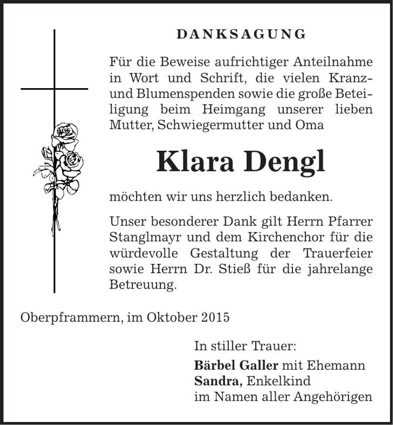 Traueranzeige Klara Dengl