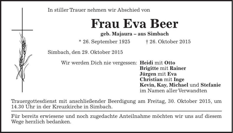 Traueranzeige Eva Beer