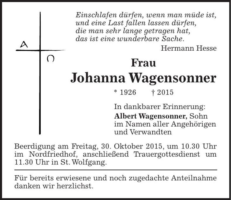 Traueranzeige Johanna Wagensonner