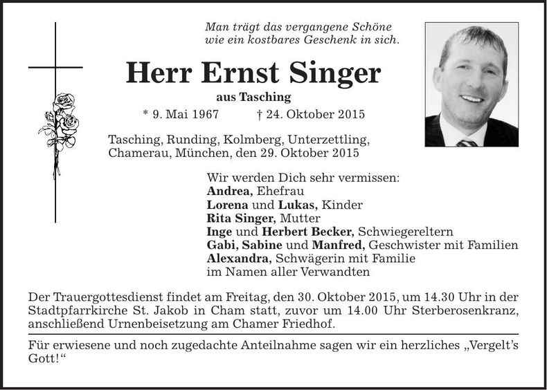 Traueranzeige Ernst Singer
