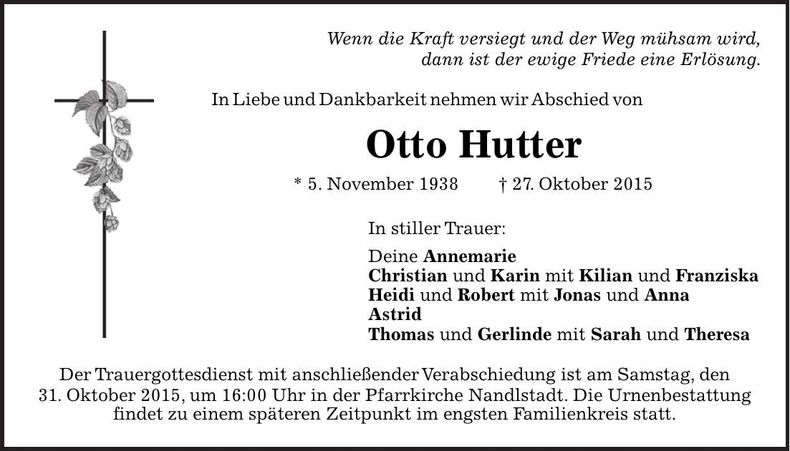 Traueranzeige Otto Hutter