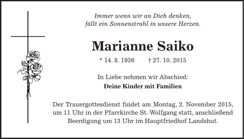Traueranzeige Marianne Saiko