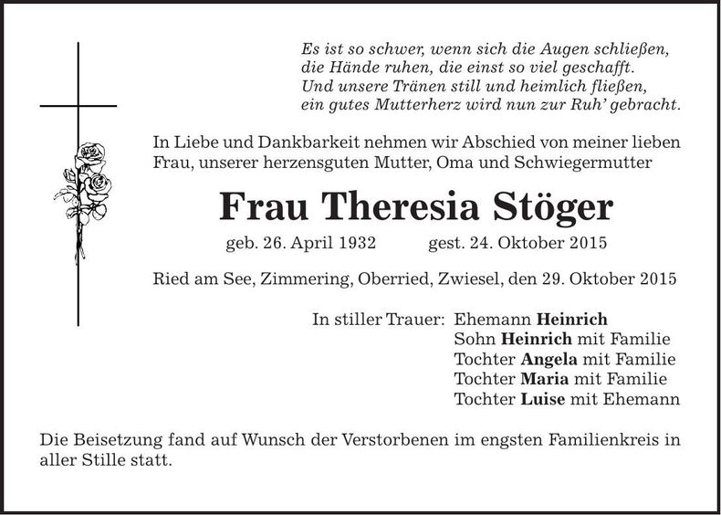 Traueranzeige Theresia Stöger