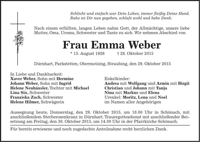 Traueranzeige Emma Weber