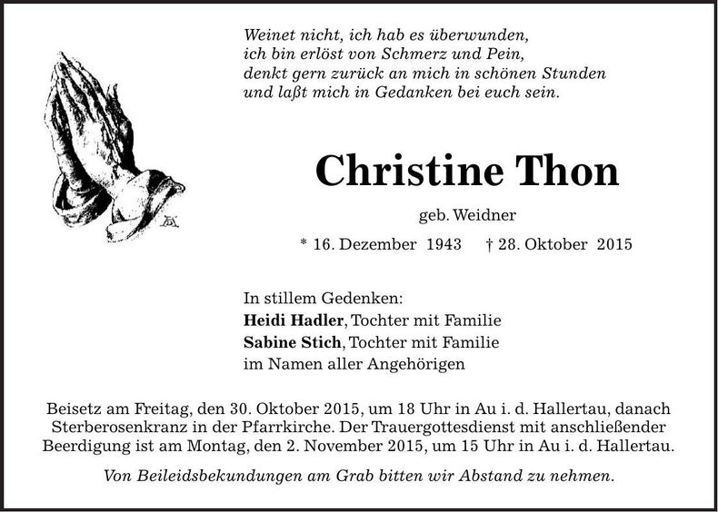 Traueranzeige Christine Thon