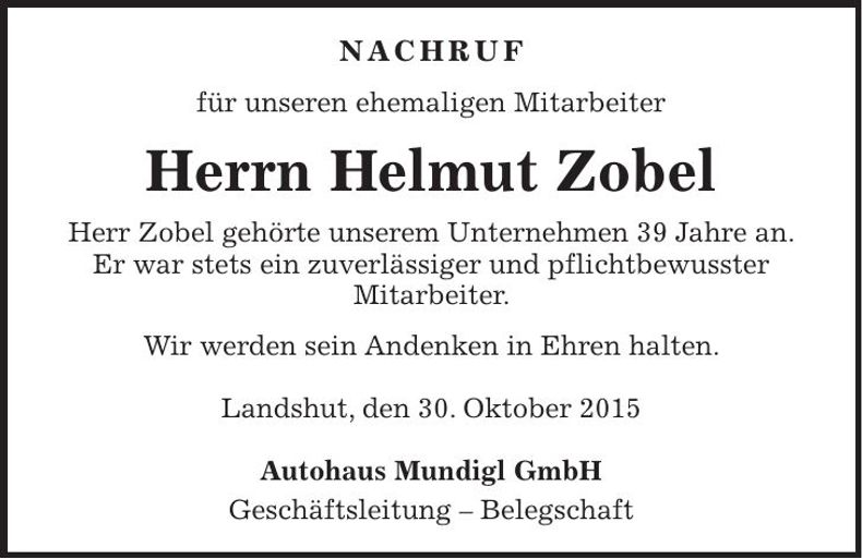 Traueranzeige Helmut Zobel