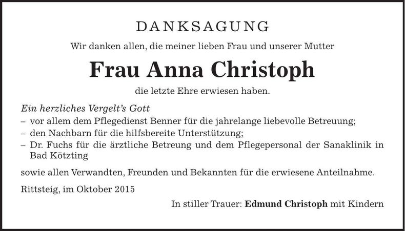 Traueranzeige Anna Christoph