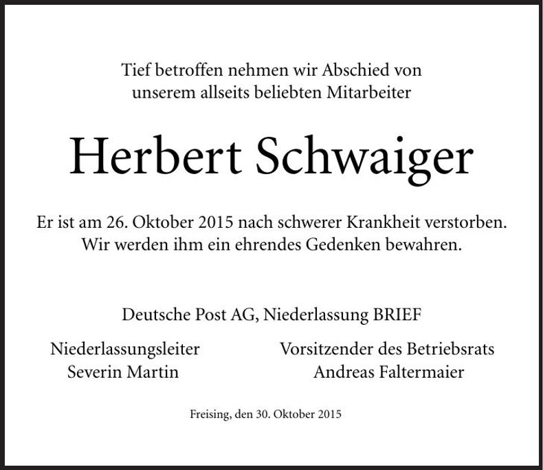 Traueranzeige Herbert Schwaiger