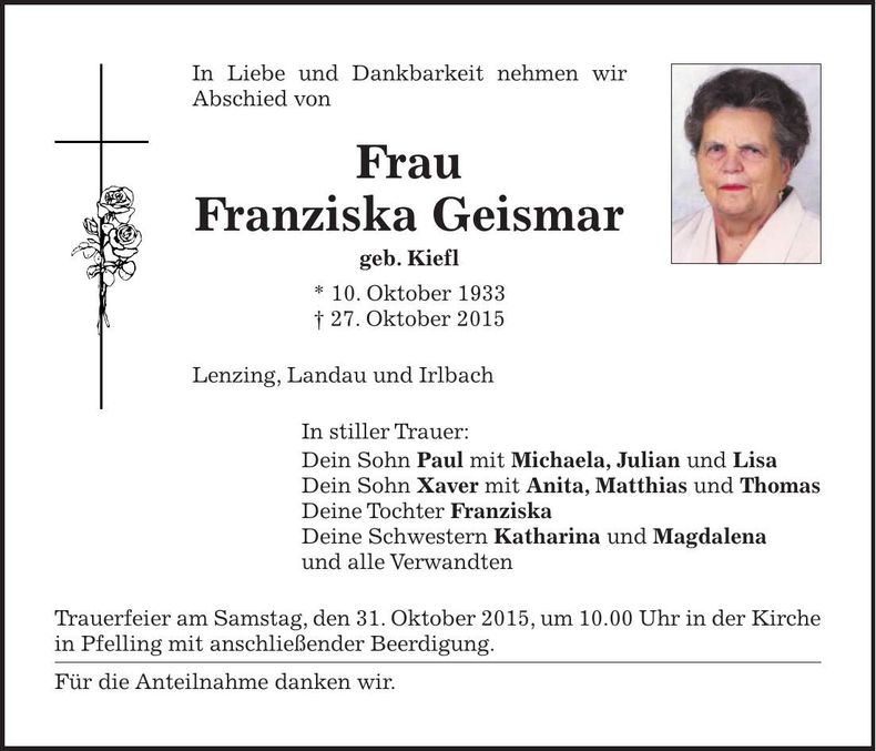 Traueranzeige Franziska Geismar