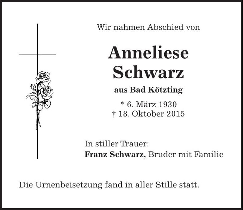 Traueranzeige Anneliese Schwarz