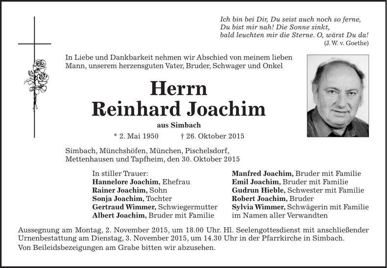 Traueranzeige Reinhard Joachim