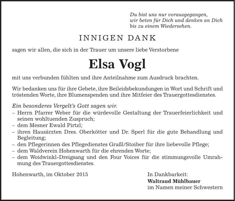 Traueranzeige Elsa Vogl