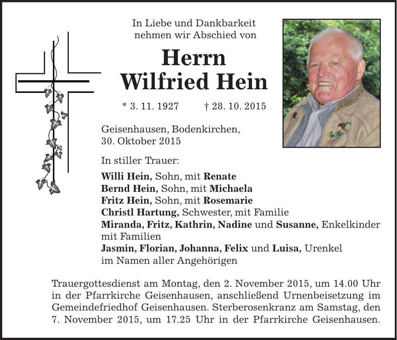 Traueranzeige Wilfried Hein