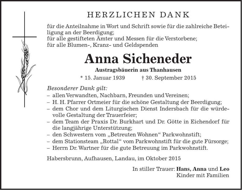 Traueranzeige Anna Sicheneder