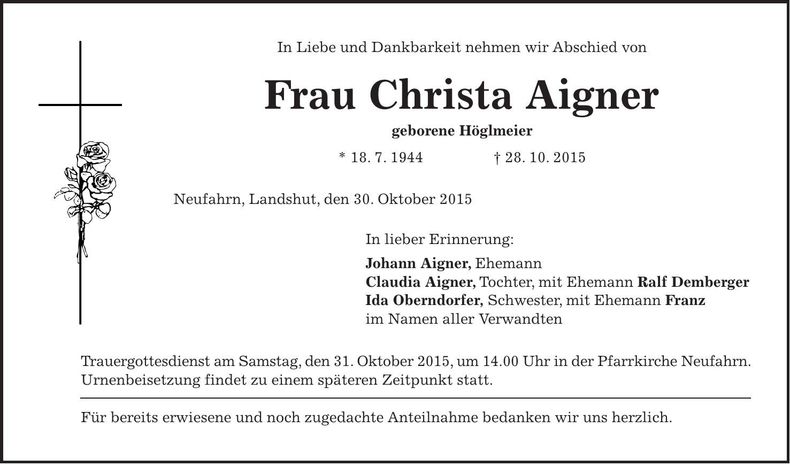 Traueranzeige Christa Aigner