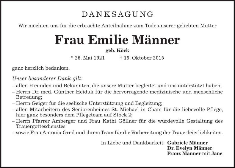 Traueranzeige Emilie Männer
