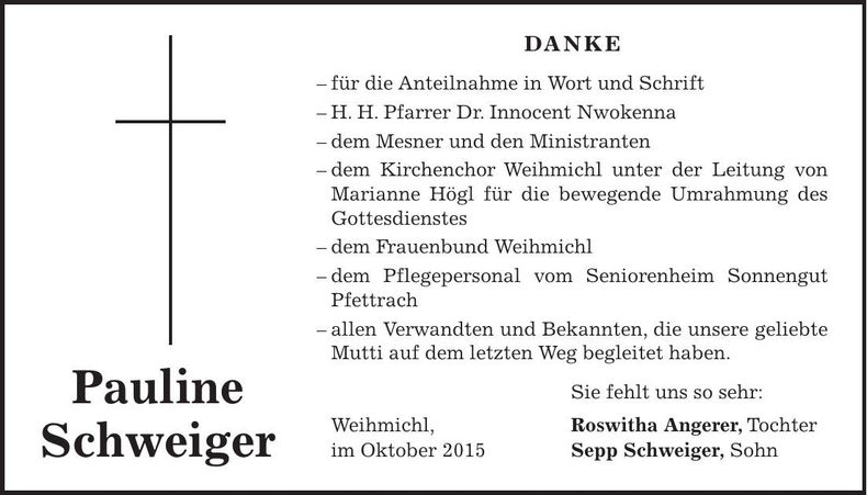 Traueranzeige Pauline Schweiger