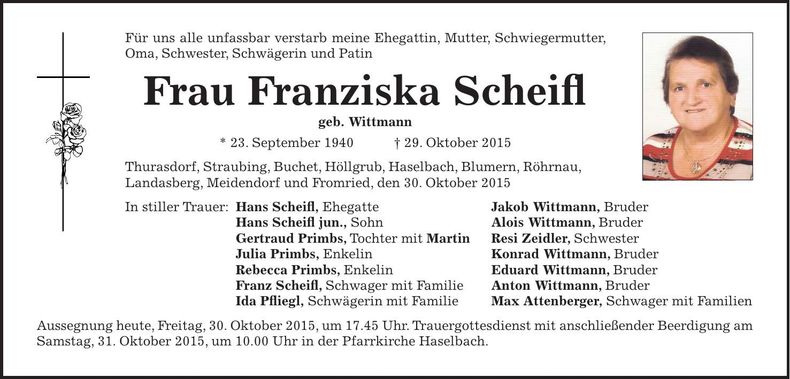 Traueranzeige Franziska Scheifl