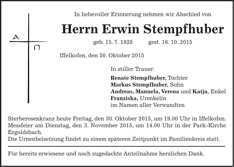 Traueranzeige Erwin Stempfhuber