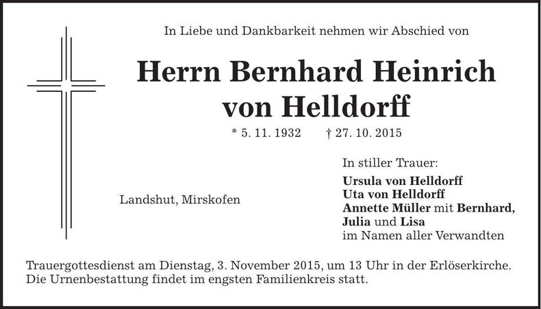 Traueranzeige Bernhard Heinrich von Helldorff