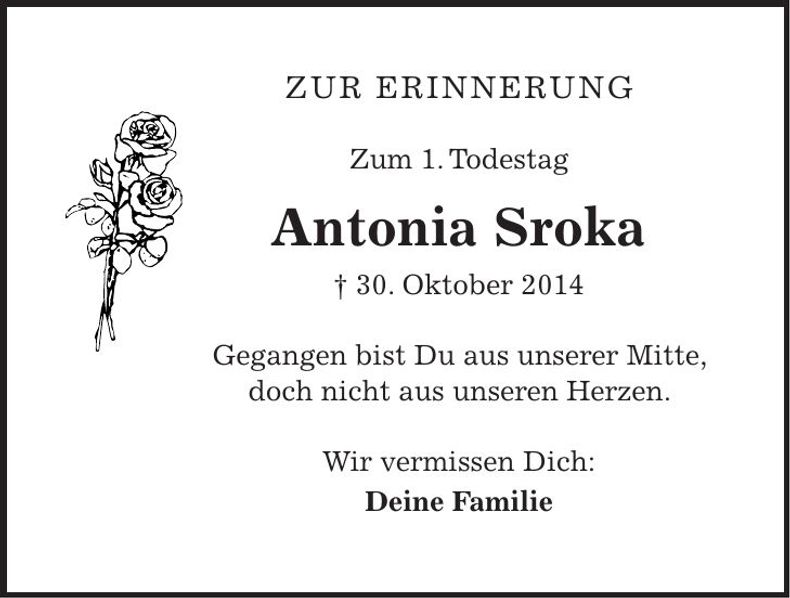 Traueranzeige Antonia Sroka