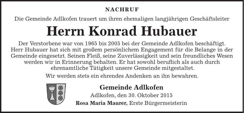 Traueranzeige Konrad Hubauer