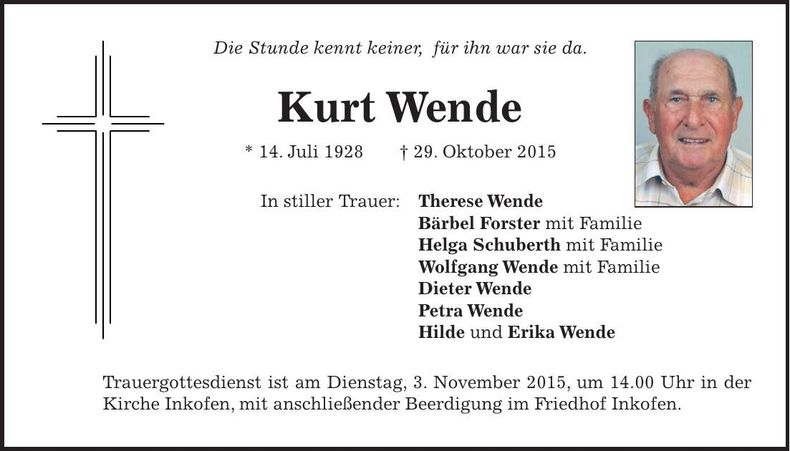 Traueranzeige Kurt Wende