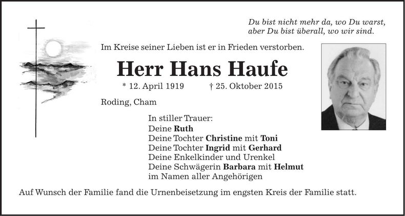 Traueranzeige Hans Haufe
