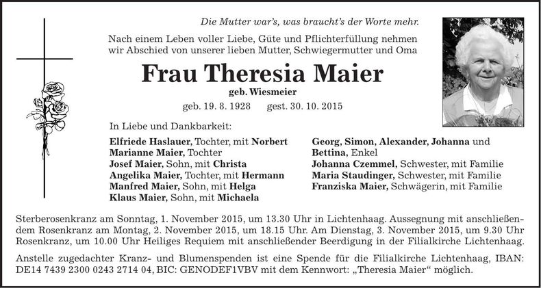 Traueranzeige Therese Maier