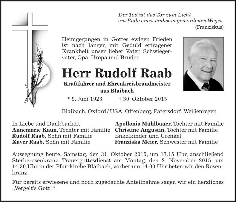 Traueranzeige Rudolf Raab