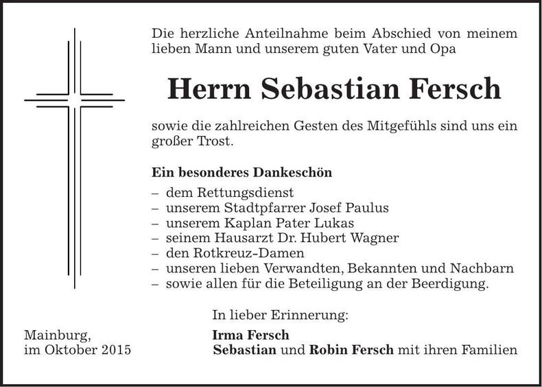 Traueranzeige Sebastian Fersch