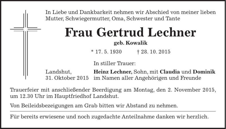 Traueranzeige Gertrud Lechner