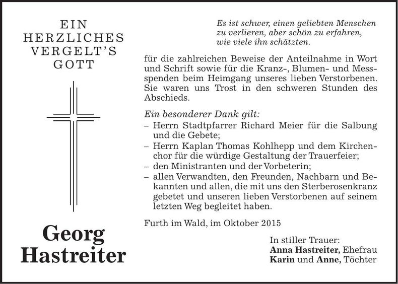 Traueranzeige Georg Hastreiter