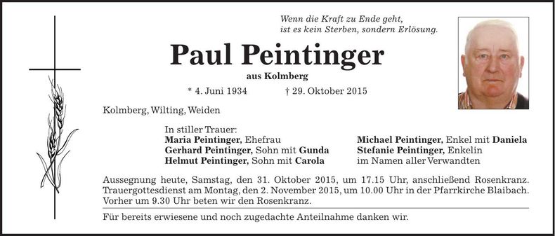 Traueranzeige Paul Peintinger