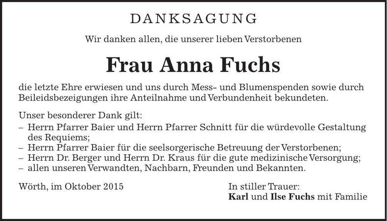 Traueranzeige Anna Fuchs