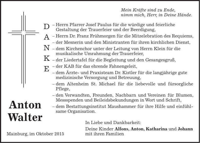 Traueranzeige Anton Walter