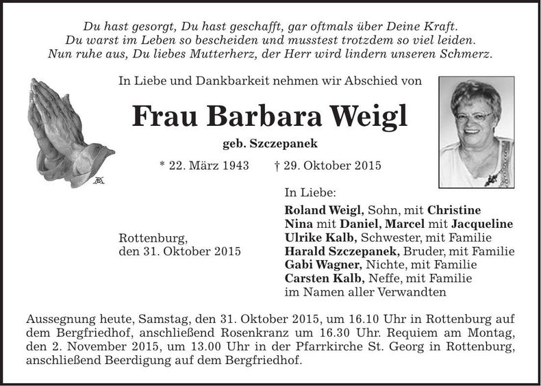 Traueranzeige Barbara Weigl