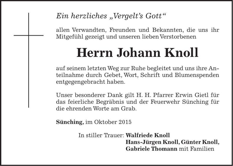 Traueranzeige Johann Knoll