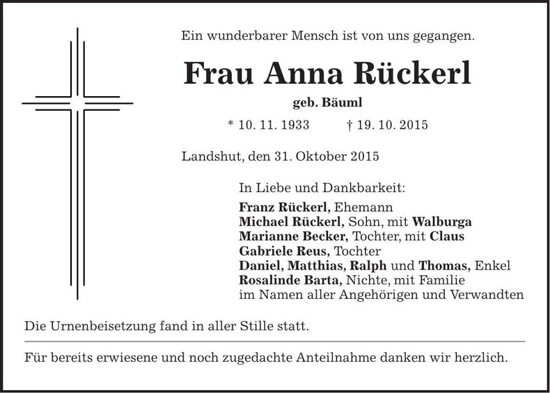 Traueranzeige Anna Rückerl