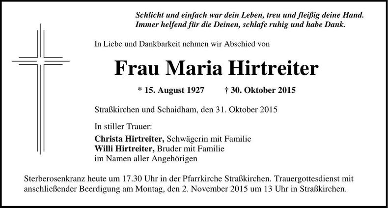 Traueranzeige Maria Hirtreiter